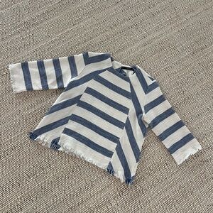 Zara Navy and White Striped Frayed Shirt Medium